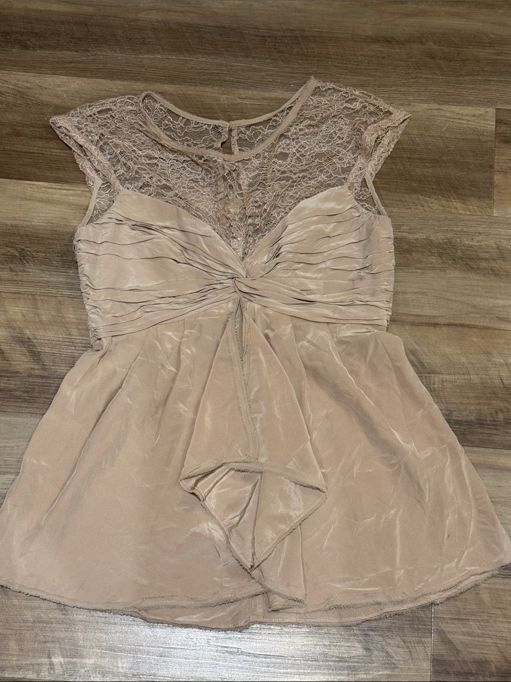 BCBGMaxAzria Lace Silk Yoke Pleated Twist Front Blouse in Blush